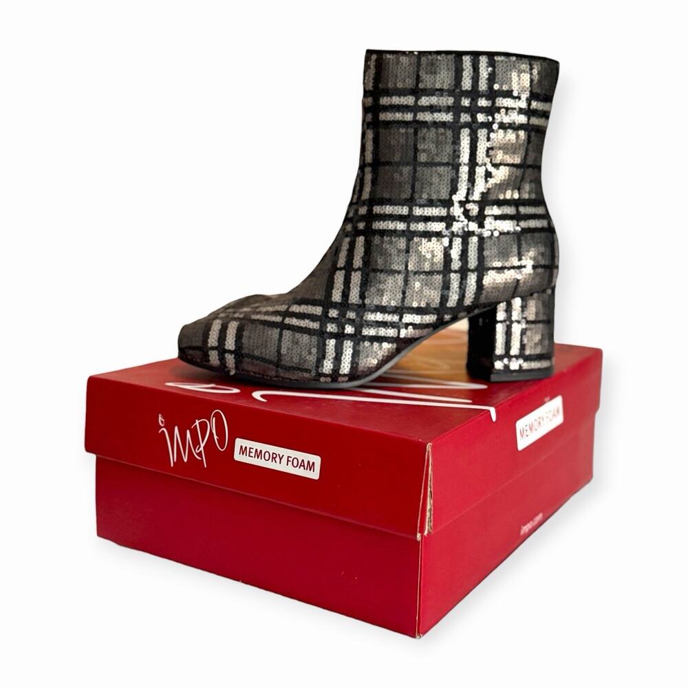 Impo Jagger Women's Plaid Sequin Ankle Boots Pewter Multi Block Heel Size 9M NIB